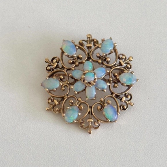 Vintage 14K Yellow Gold Opal Flower Heart Filigree Scroll Pendant Brooch Pin - Picture 2 of 10